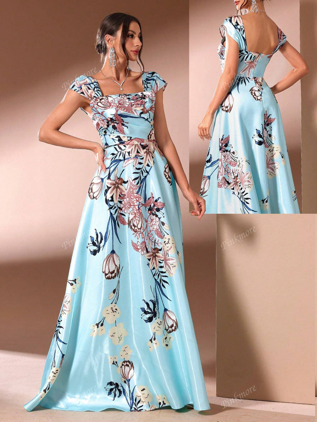 Elegant Women's Cap Sleeve Blue Floor-Length Floral Pattern A-Line Long Party Dress