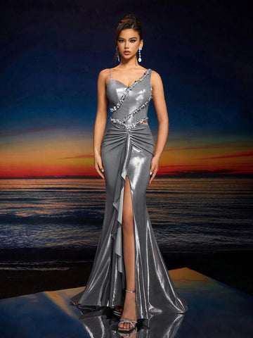 Elegant Women's Hand-Embroidered Beading Asymmetrical Neck Backless Zipper Ruffle Hem Maxi Evening Gown (Heavily Embellished),Wedding Event Dress