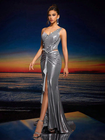 Elegant Women's Hand-Embroidered Beading Asymmetrical Neck Backless Zipper Ruffle Hem Maxi Evening Gown (Heavily Embellished),Wedding Event Dress