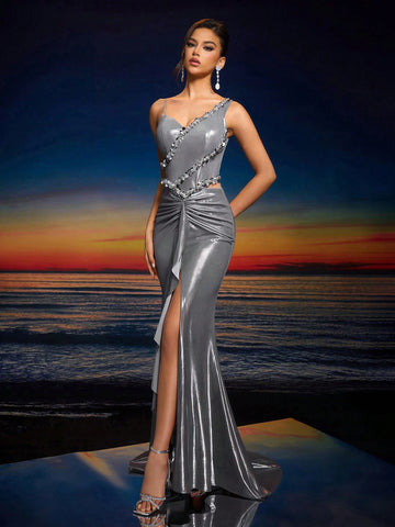 Elegant Women's Hand-Embroidered Beading Asymmetrical Neck Backless Zipper Ruffle Hem Maxi Evening Gown (Heavily Embellished),Wedding Event Dress