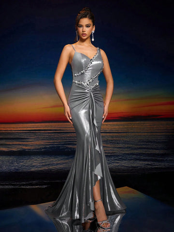 Elegant Women's Hand-Embroidered Beading Asymmetrical Neck Backless Zipper Ruffle Hem Maxi Evening Gown (Heavily Embellished),Wedding Event Dress