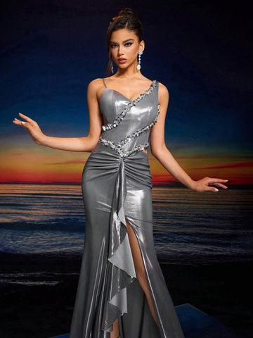 Elegant Women's Hand-Embroidered Beading Asymmetrical Neck Backless Zipper Ruffle Hem Maxi Evening Gown (Heavily Embellished),Wedding Event Dress