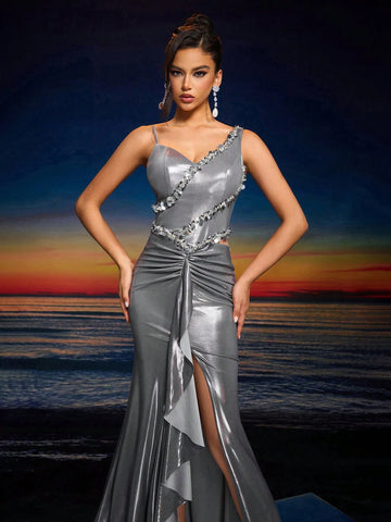 Elegant Women's Hand-Embroidered Beading Asymmetrical Neck Backless Zipper Ruffle Hem Maxi Evening Gown (Heavily Embellished),Wedding Event Dress