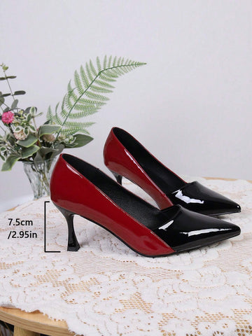 Elegant Women's High Heels - Lacquered Bicolor, Black & Burgundy, Pointed Toe Slim Stiletto, PU Upper