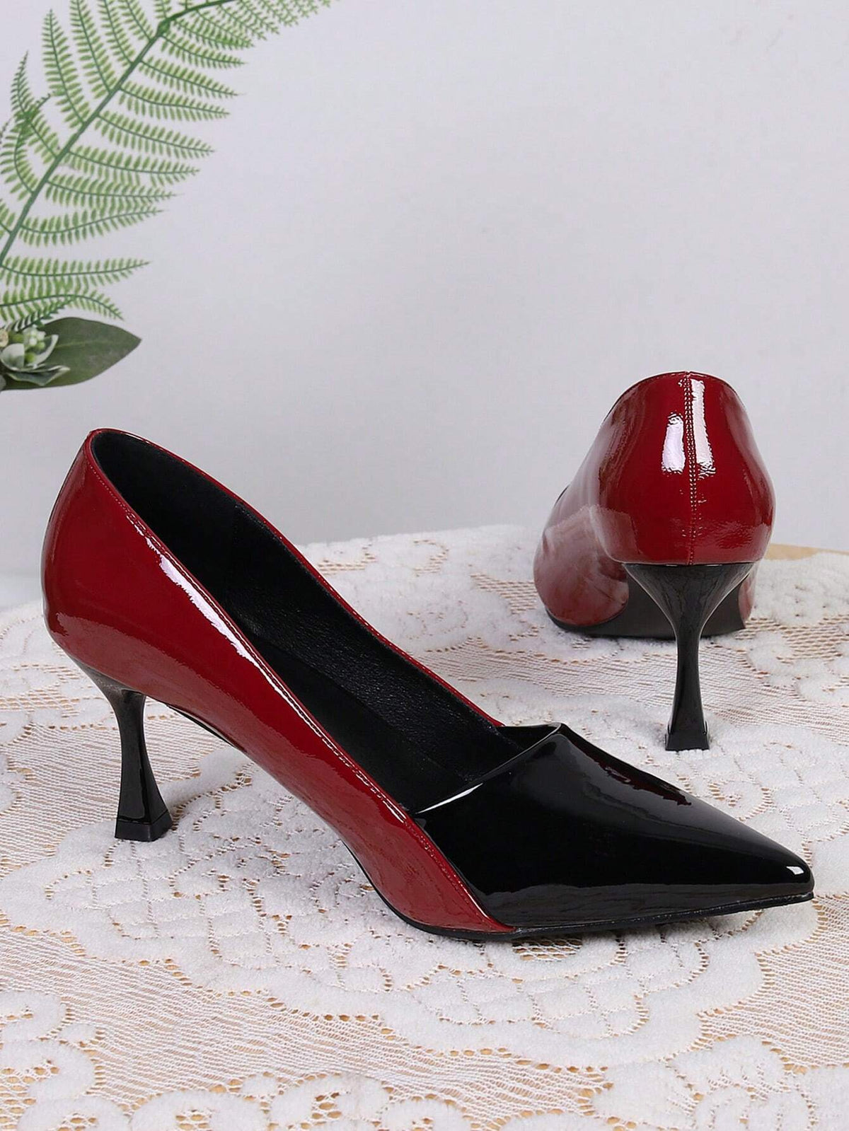 Elegant Women's High Heels - Lacquered Bicolor, Black & Burgundy, Pointed Toe Slim Stiletto, PU Upper