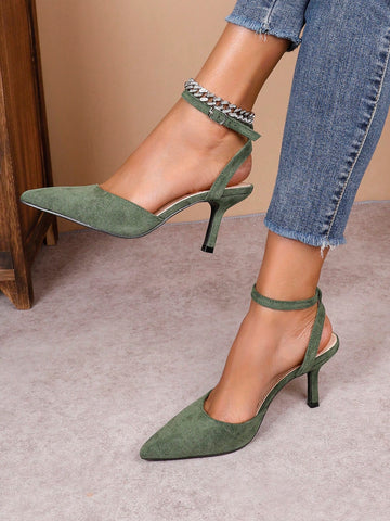 Elegant Women's Pointed Toe Stilettos, Fashionable Green Sexy Versatile Mid-Back Open