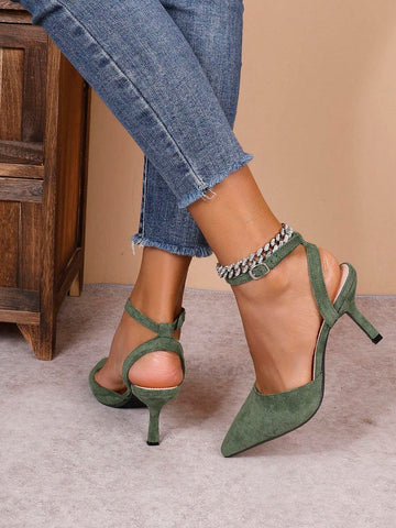 Elegant Women's Pointed Toe Stilettos, Fashionable Green Sexy Versatile Mid-Back Open