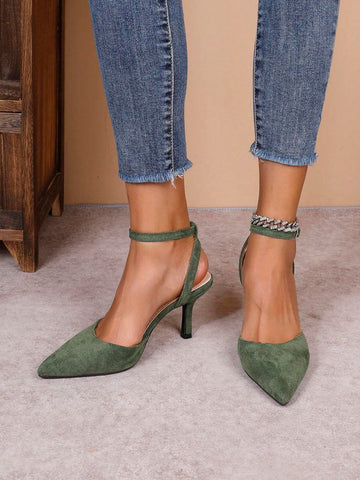 Elegant Women's Pointed Toe Stilettos, Fashionable Green Sexy Versatile Mid-Back Open