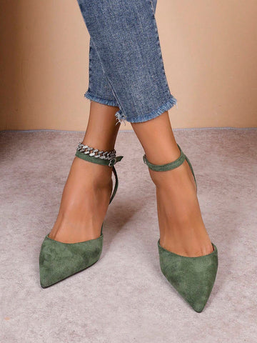 Elegant Women's Pointed Toe Stilettos, Fashionable Green Sexy Versatile Mid-Back Open