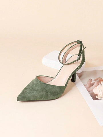 Elegant Women's Pointed Toe Stilettos, Fashionable Green Sexy Versatile Mid-Back Open