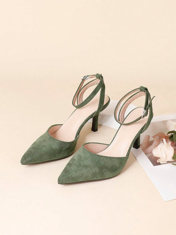 Elegant Women's Pointed Toe Stilettos, Fashionable Green Sexy Versatile Mid-Back Open