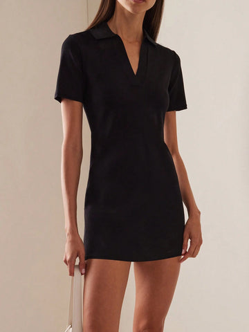 Elegant Women's Solid Color Turn-Down Collar Short Sleeve Summer Dress