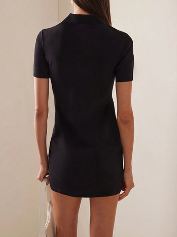 Elegant Women's Solid Color Turn-Down Collar Short Sleeve Summer Dress