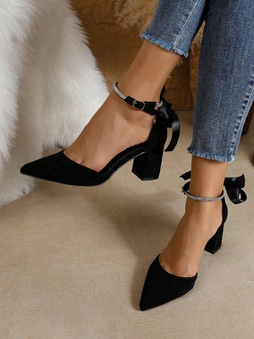 Elegant Women's Thick High Heel Pointed Toe Black Pumps, Fashionable Crystal Strap Sexy Butterfly Hollow