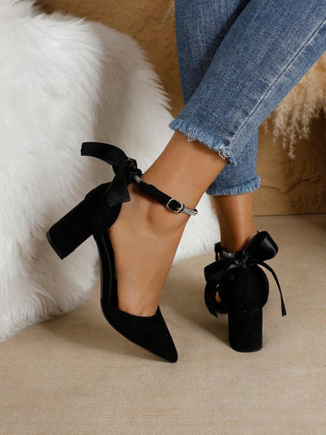 Elegant Women's Thick High Heel Pointed Toe Black Pumps, Fashionable Crystal Strap Sexy Butterfly Hollow