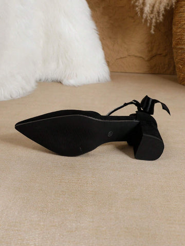 Elegant Women's Thick High Heel Pointed Toe Black Pumps, Fashionable Crystal Strap Sexy Butterfly Hollow