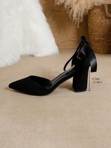 Elegant Women's Thick High Heel Pointed Toe Black Pumps, Fashionable Crystal Strap Sexy Butterfly Hollow