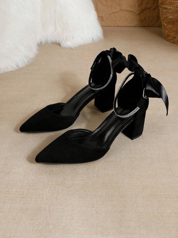 Elegant Women's Thick High Heel Pointed Toe Black Pumps, Fashionable Crystal Strap Sexy Butterfly Hollow