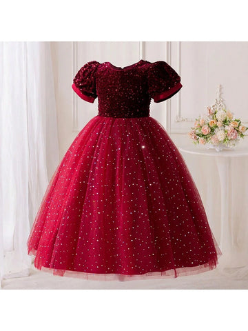 Elegant Young Girl Long Party Dress With Cute Puff Sleeves & Glitter Decor