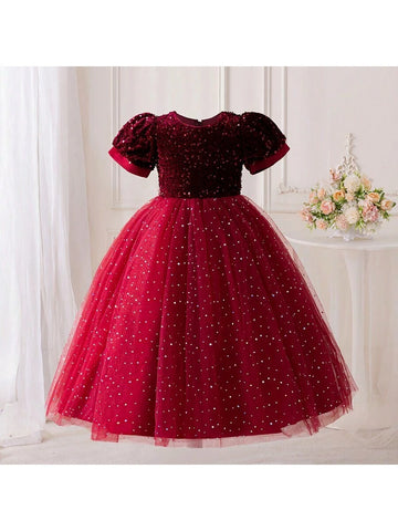 Elegant Young Girl Long Party Dress With Cute Puff Sleeves & Glitter Decor