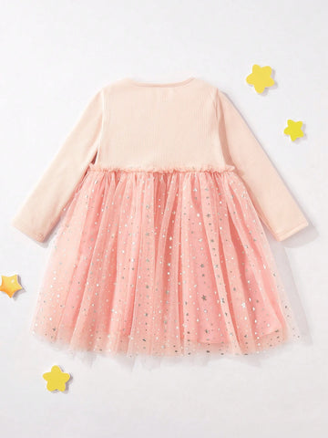 Elegant Young Girls Knitted Fabric Patchwork Star Mesh Dress