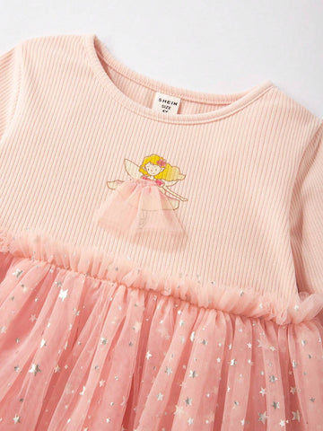 Elegant Young Girls Knitted Fabric Patchwork Star Mesh Dress