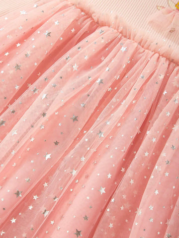Elegant Young Girls Knitted Fabric Patchwork Star Mesh Dress