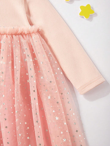 Elegant Young Girls Knitted Fabric Patchwork Star Mesh Dress