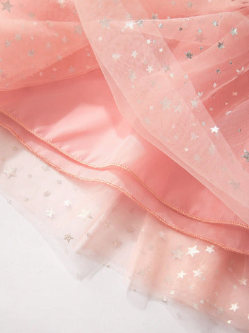 Elegant Young Girls Knitted Fabric Patchwork Star Mesh Dress