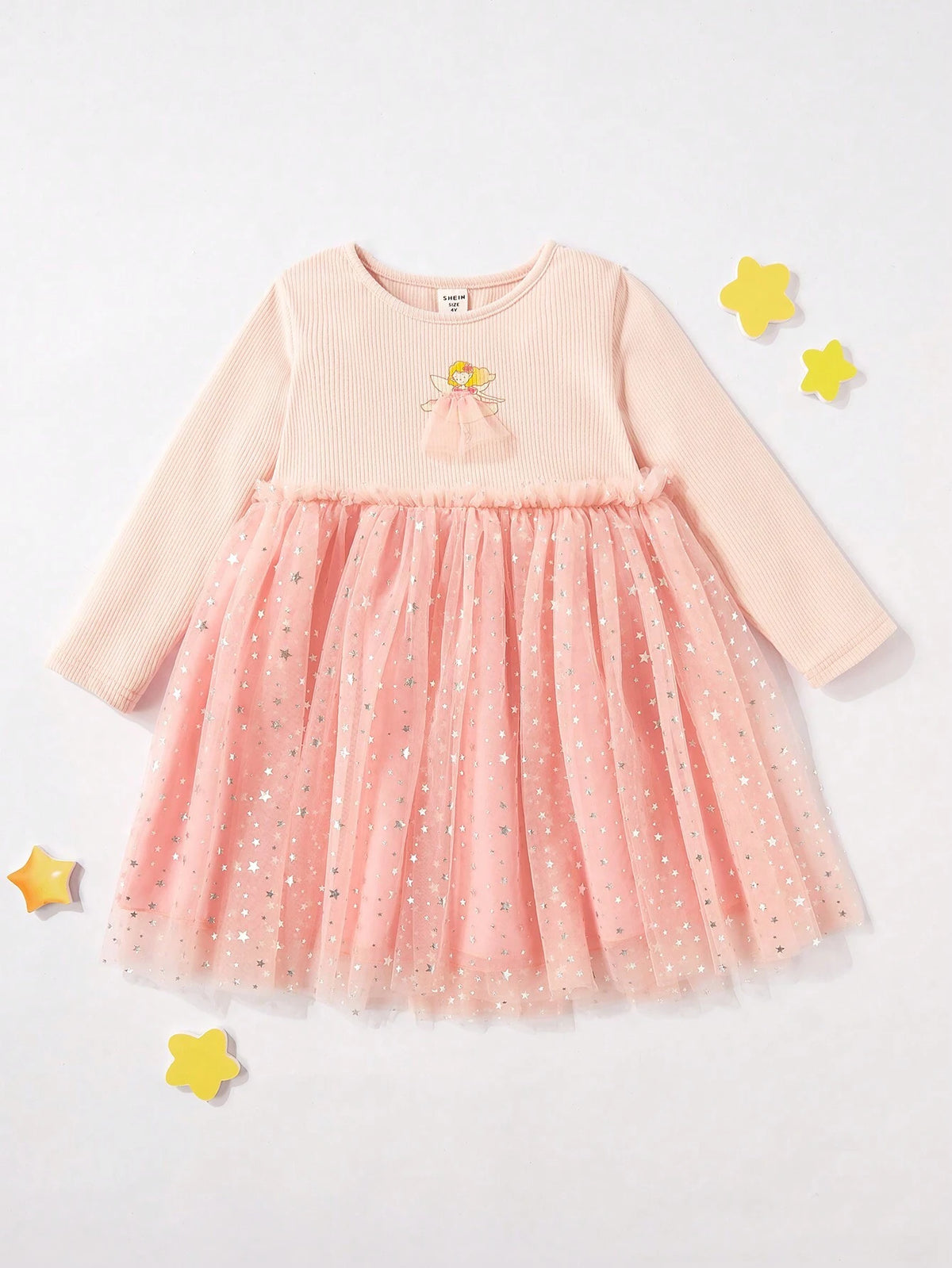 Elegant Young Girls Knitted Fabric Patchwork Star Mesh Dress