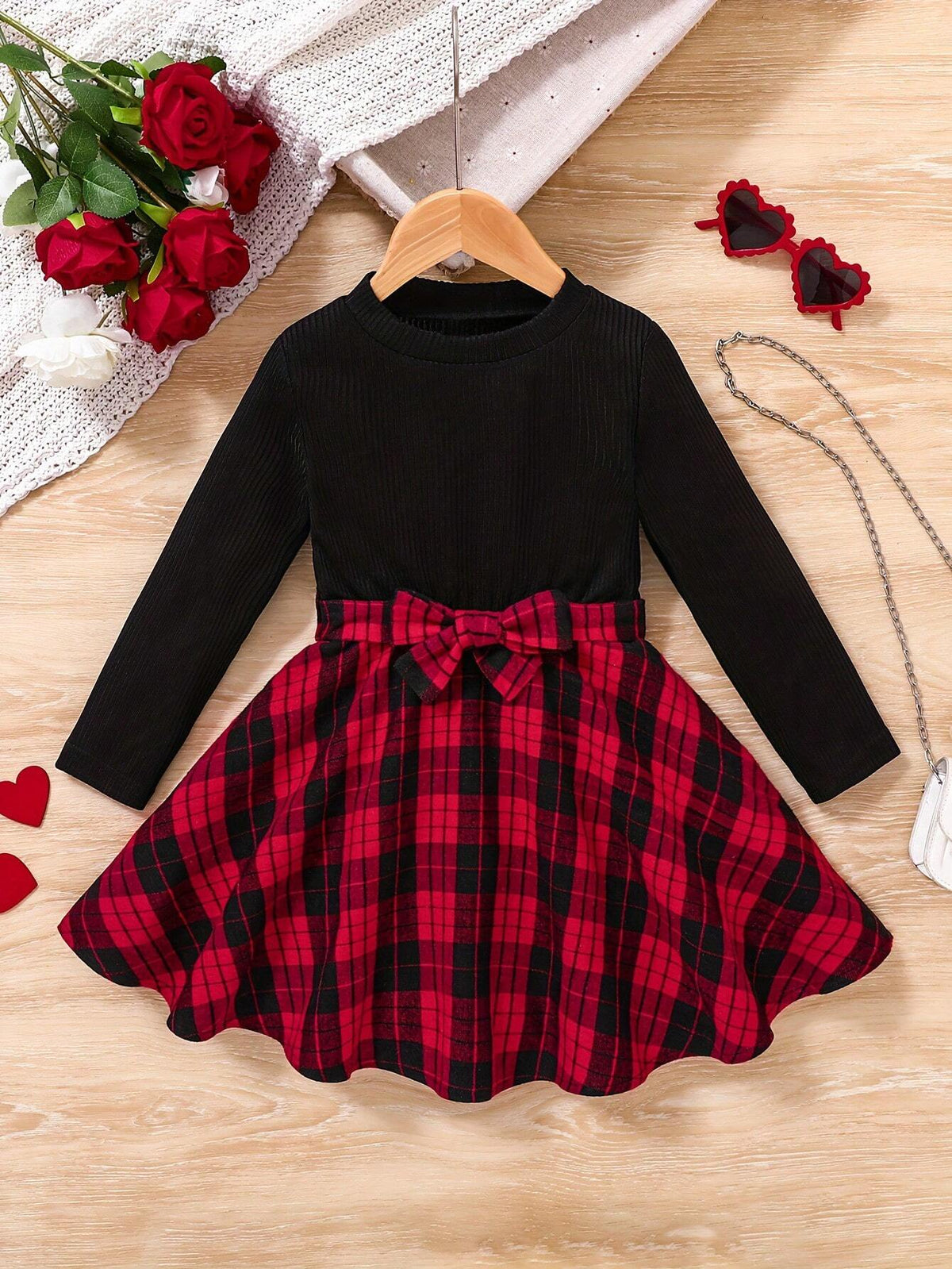 Elegant Young Girls' Long Sleeve Plaid Pattern Bowknot Decor Dress, Suitable For Spring And Autumn