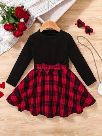 Elegant Young Girls' Long Sleeve Plaid Pattern Bowknot Decor Dress, Suitable For Spring And Autumn