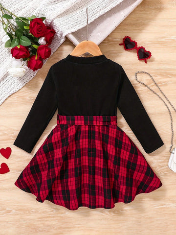 Elegant Young Girls' Long Sleeve Plaid Pattern Bowknot Decor Dress, Suitable For Spring And Autumn