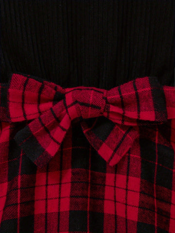 Elegant Young Girls' Long Sleeve Plaid Pattern Bowknot Decor Dress, Suitable For Spring And Autumn