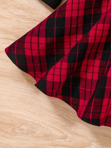 Elegant Young Girls' Long Sleeve Plaid Pattern Bowknot Decor Dress, Suitable For Spring And Autumn
