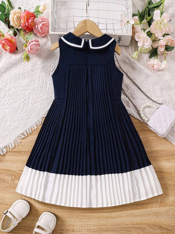 Elegant Young Girl's Summer Colorblock Pleated Sleeveless Dress