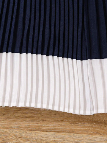 Elegant Young Girl's Summer Colorblock Pleated Sleeveless Dress