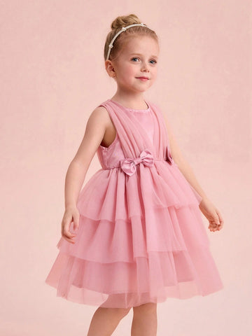 Elegant & Cute Pink Tulle Bow Decor Girls Dress