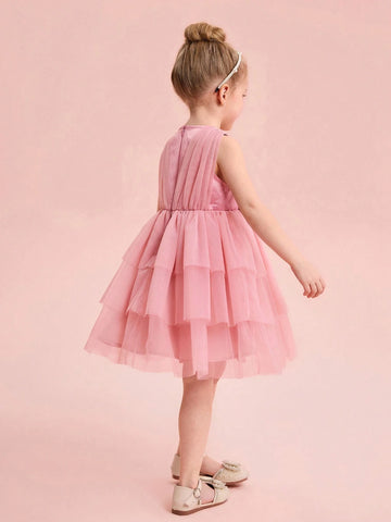 Elegant & Cute Pink Tulle Bow Decor Girls Dress