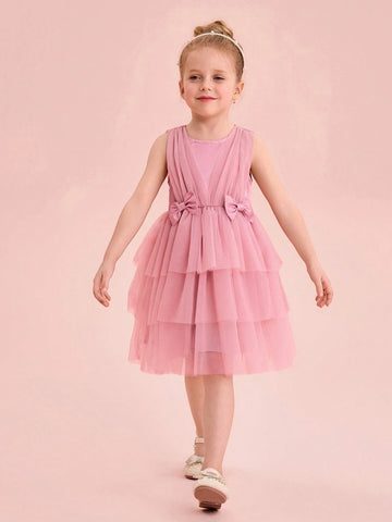 Elegant & Cute Pink Tulle Bow Decor Girls Dress