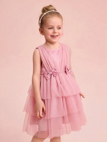 Elegant & Cute Pink Tulle Bow Decor Girls Dress