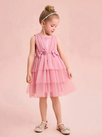 Elegant & Cute Pink Tulle Bow Decor Girls Dress