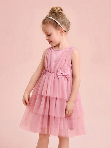 Elegant & Cute Pink Tulle Bow Decor Girls Dress