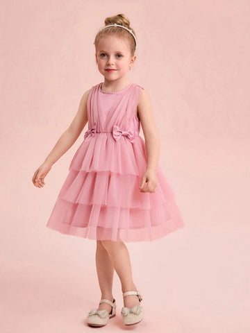 Elegant & Cute Pink Tulle Bow Decor Girls Dress