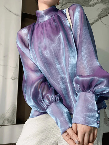 Elegant & Fashionable High Neck Puff Sleeve Long Sleeve Vintage Collar With Tie Shirt