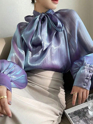 Elegant & Fashionable High Neck Puff Sleeve Long Sleeve Vintage Collar With Tie Shirt