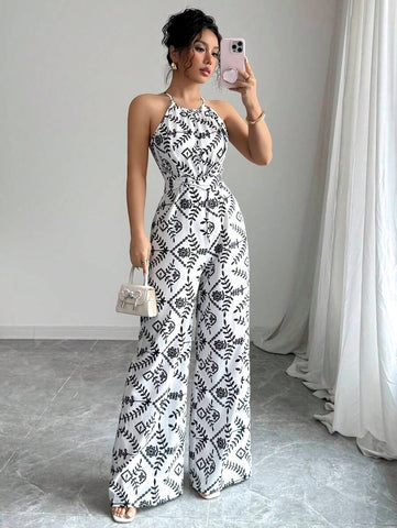 Elenzga Women's Printed Fabric Waist-Cinching Silhouette Halter Jumpsuit, Elegant For Vacation And Everyday Wear