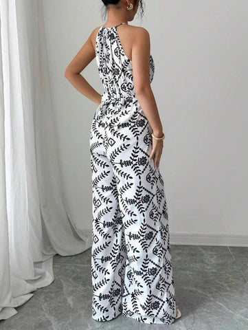 Elenzga Women's Printed Fabric Waist-Cinching Silhouette Halter Jumpsuit, Elegant For Vacation And Everyday Wear