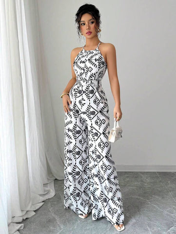 Elenzga Women's Printed Fabric Waist-Cinching Silhouette Halter Jumpsuit, Elegant For Vacation And Everyday Wear