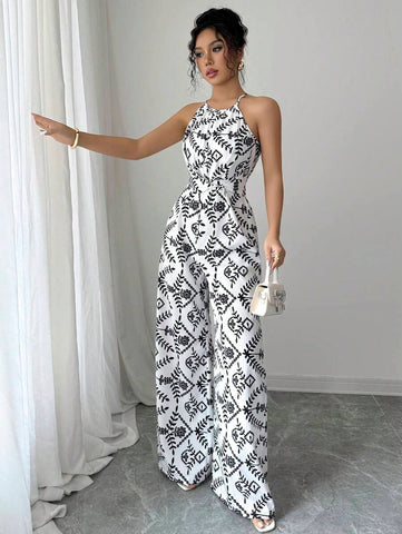 Elenzga Women's Printed Fabric Waist-Cinching Silhouette Halter Jumpsuit, Elegant For Vacation And Everyday Wear
